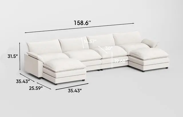 Alt view image 2 of 7 - 159" Modular Sectional Sofa,Oversized Cloud Couch with Ottoman,Chenille Sofas Sleeper with Metal Frame,Convertible 4-Seater Couches for Living Room (White, U Shape)