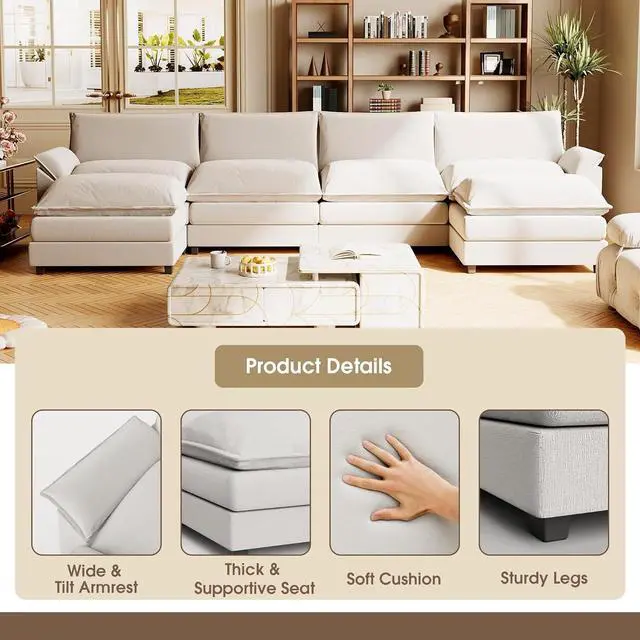 Alt view image 5 of 7 - 159" Modular Sectional Sofa,Oversized Cloud Couch with Ottoman,Chenille Sofas Sleeper with Metal Frame,Convertible 4-Seater Couches for Living Room (White, U Shape)