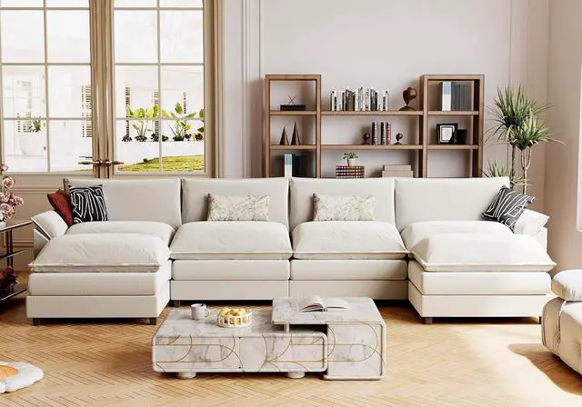 Alt view image 6 of 7 - 159" Modular Sectional Sofa,Oversized Cloud Couch with Ottoman,Chenille Sofas Sleeper with Metal Frame,Convertible 4-Seater Couches for Living Room (White, U Shape)