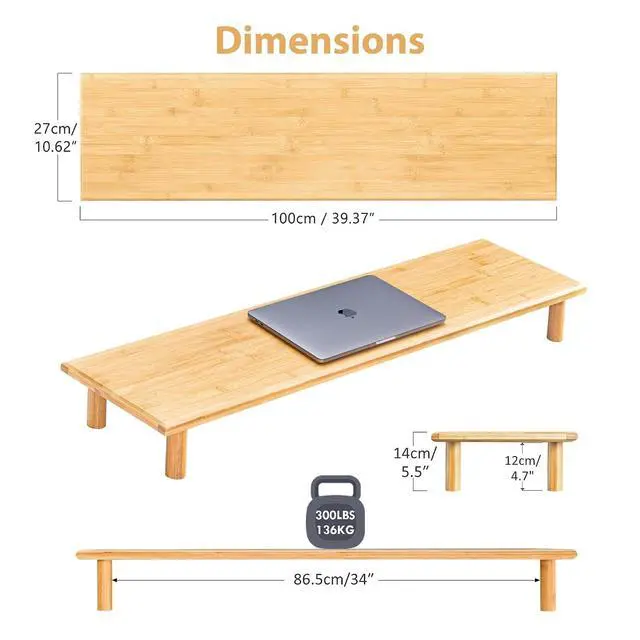 Alt view image 4 of 7 - Bamboo Dual Monitor Shelf, Monitor Stand Riser with Underneath Storage for Desk Office Supplies, Supports Heavy TV up to 300 lbs, Natural