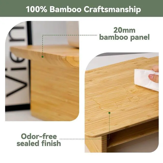 Alt view image 2 of 7 - Bamboo Dual Monitor Stand, 39.3 inch Computer Monitor Riser with 2 Drawers, Desk Shelf with Cable Management for Home Office, Printer, Laptop
