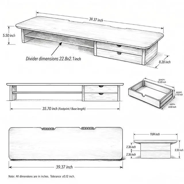Alt view image 5 of 7 - Bamboo Dual Monitor Stand, 39.3 inch Computer Monitor Riser with 2 Drawers, Desk Shelf with Cable Management for Home Office, Printer, Laptop