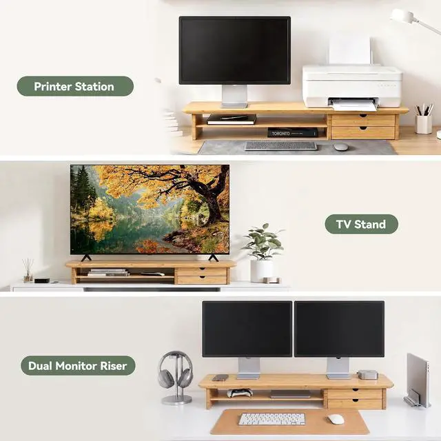 Alt view image 6 of 7 - Bamboo Dual Monitor Stand, 39.3 inch Computer Monitor Riser with 2 Drawers, Desk Shelf with Cable Management for Home Office, Printer, Laptop