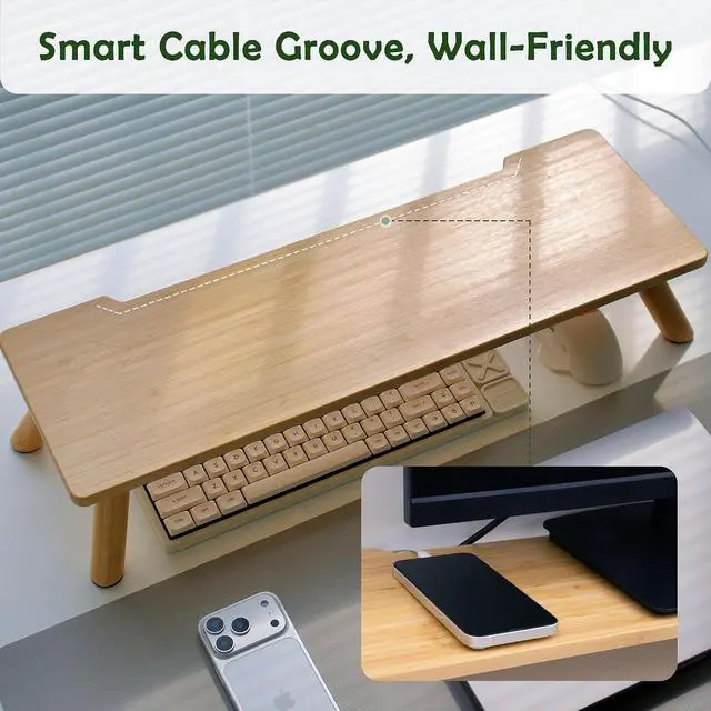 Alt view image 4 of 7 - Bamboo Monitor Stand Riser with Cable Routing Slot, Ergonomic Computer Shelf for Desk, Natural Wood Desktop Organizer for Monitor Laptop Printer, Home Office Accessory