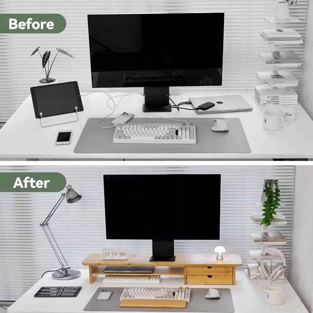 Alt view image 7 of 7 - Bamboo Dual Monitor Stand, 39.3 inch Computer Monitor Riser with 2 Drawers, Desk Shelf with Cable Management for Home Office, Printer, Laptop