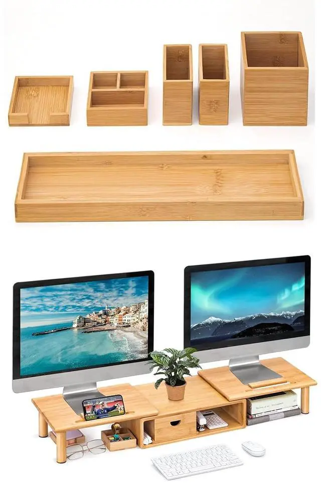 Main image of Bamboo Vanity Tray and Bamboo Dual Monitor Stand Riser Bundle, Natural