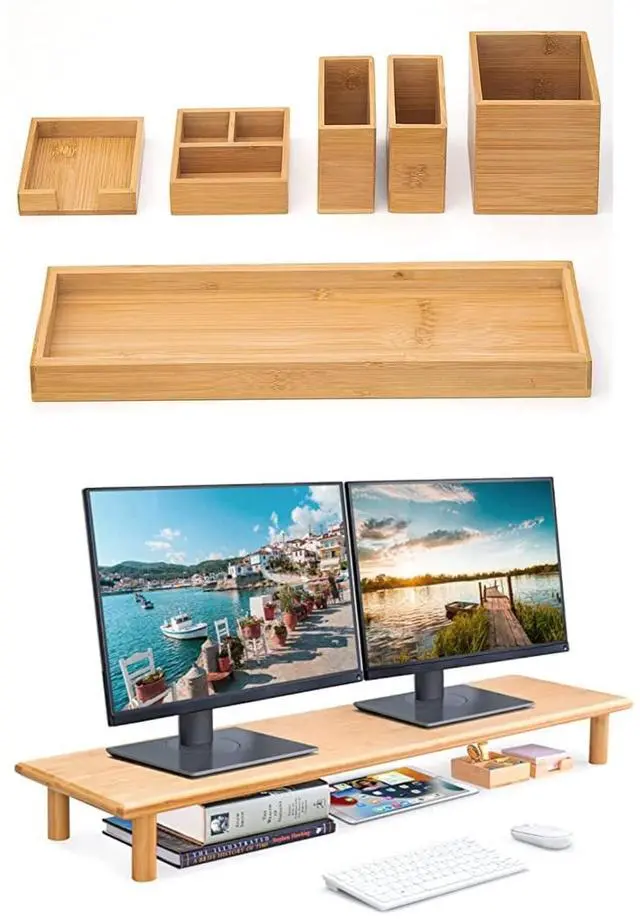 Main image of Bamboo Vanity Tray and Bamboo Dual Monitor Shelf Bundle