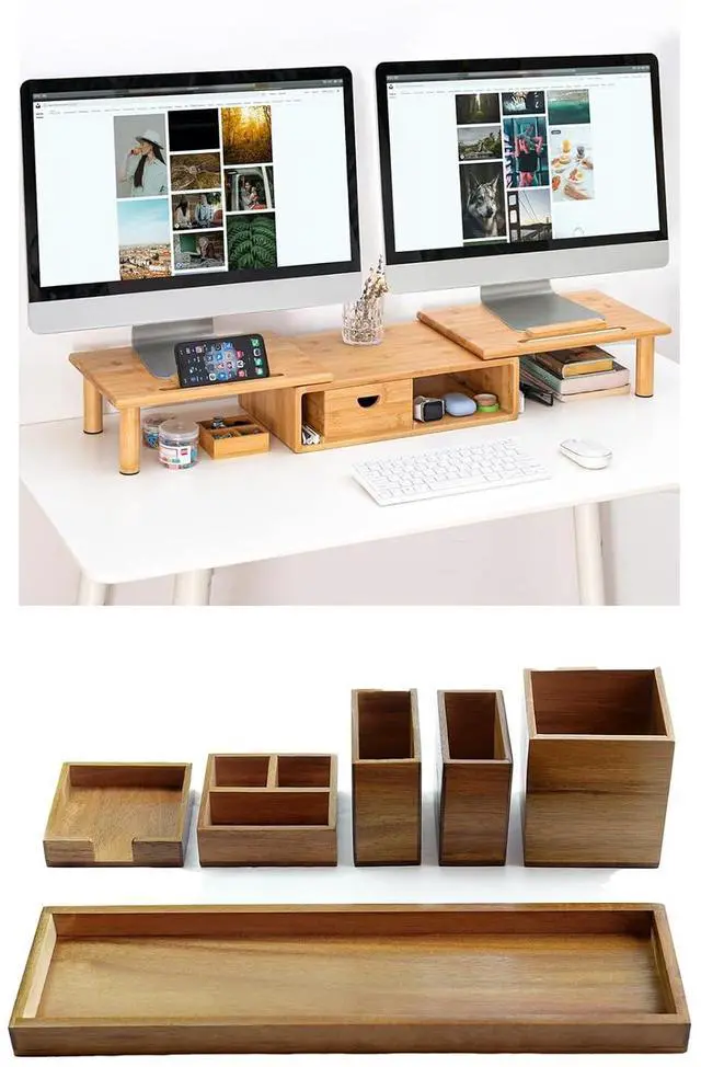 Main image of Dual Monitor Stand Riser with Drawer for Desk Laptop Desk Shelf + Wood Vanity Tray, 6-Piece Countertop Organizer Vanity Tray Set