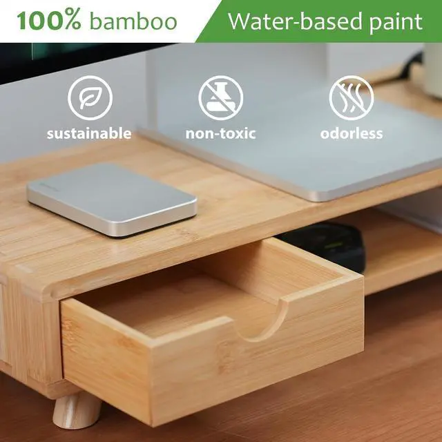 Alt view image 2 of 7 - Bamboo Monitor Stand Riser with Drawer, Ergonomic Computer Riser for Desk with Cable Management & Storage Organizer, Wood Monitor Stand for Home Office