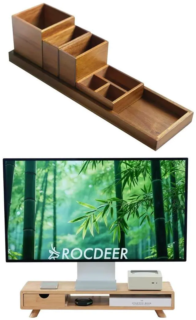 Main image of Wood Vanity Tray and Bamboo Dual Monitor Stand Riser with Drawer