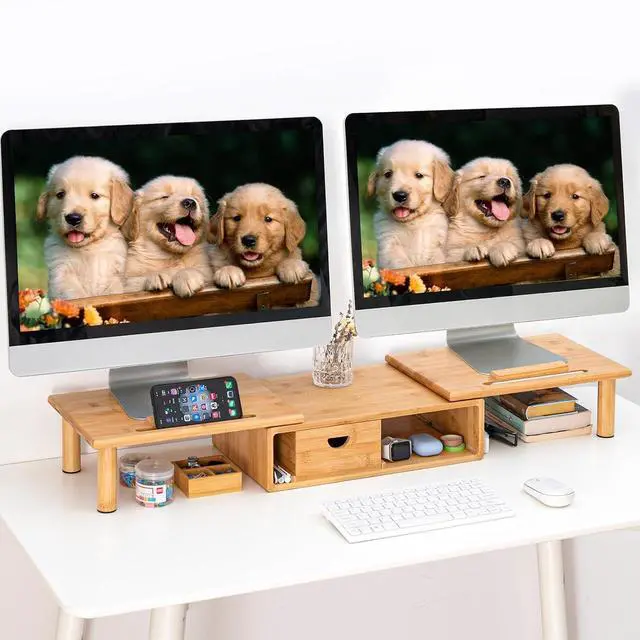 Alt view image 2 of 7 - Dual Monitor Stand Riser with Drawer for Desk Laptop Desk Shelf + Wood Vanity Tray, 6-Piece Countertop Organizer Vanity Tray Set