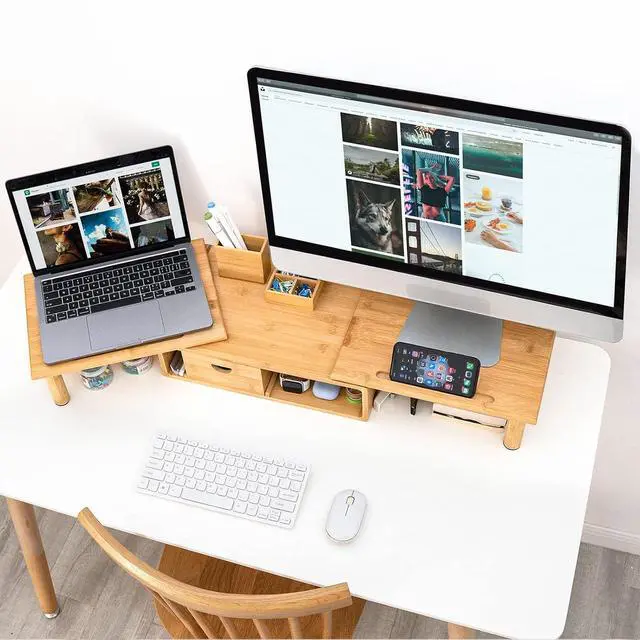 Alt view image 3 of 7 - Dual Monitor Stand Riser with Drawer for Desk Laptop Desk Shelf + Wood Vanity Tray, 6-Piece Countertop Organizer Vanity Tray Set