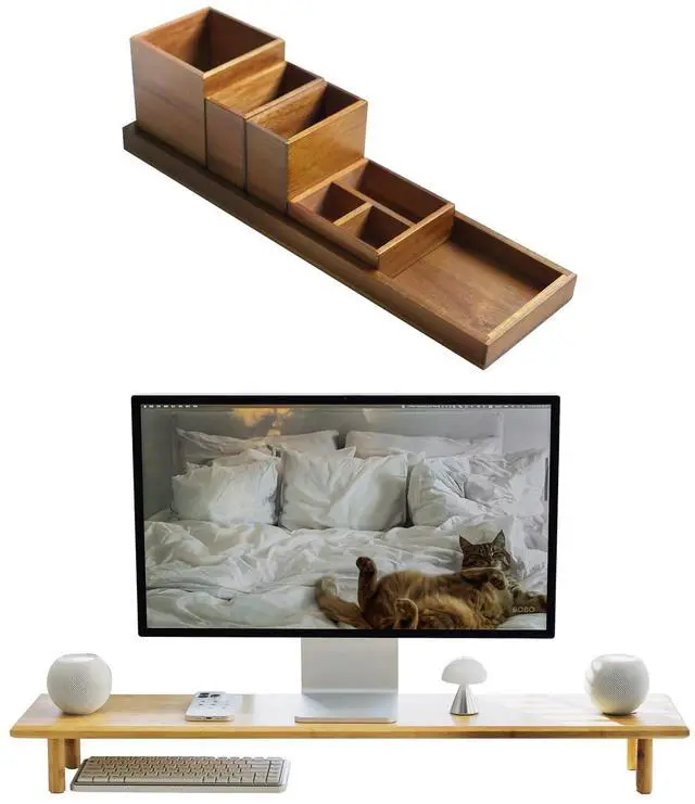Main image of Wood Vanity Tray and Bamboo Dual Monitor Stand Riser Natural