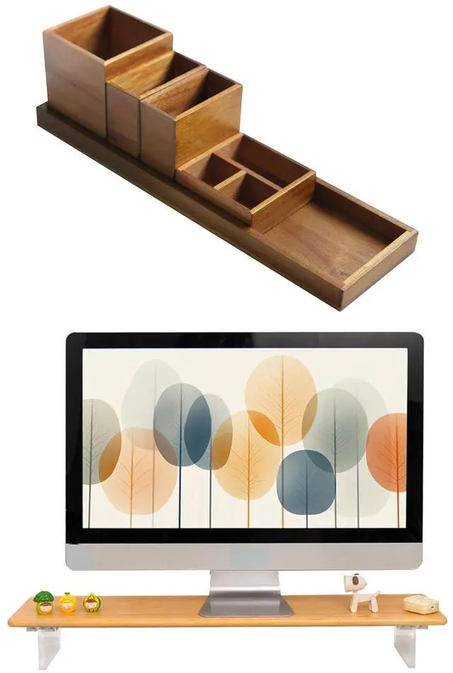 Main image of Wood Vanity Tray and Bamboo Dual Monitor Stand Riser with Acrylic Legs Natural
