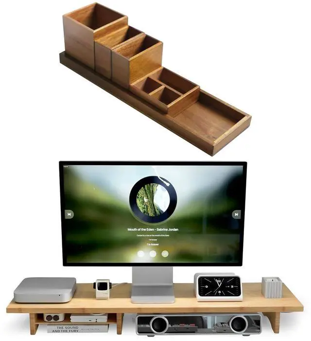 Main image of Wood Vanity Tray and Bamboo Dual Monitor Stand Riser Natural