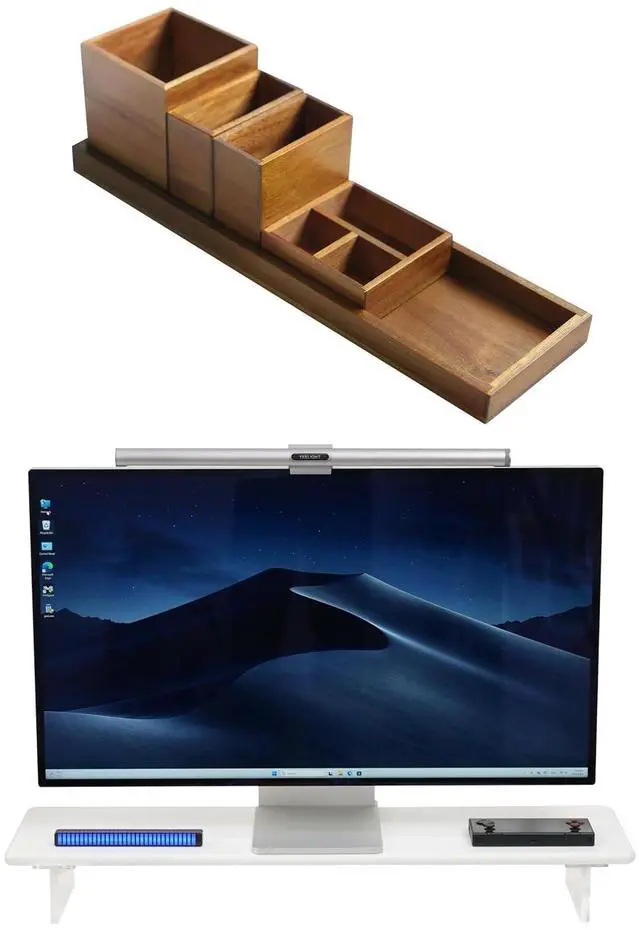 Main image of Wood Vanity Tray and Bamboo Dual Monitor Stand Riser with Acrylic Legs White