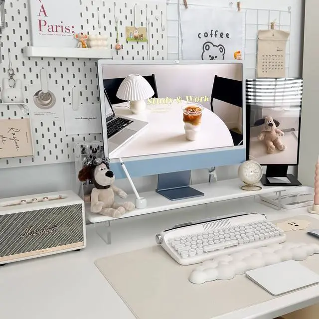 Alt view image 4 of 7 - Wood Vanity Tray and Bamboo Dual Monitor Stand Riser with Acrylic Legs White