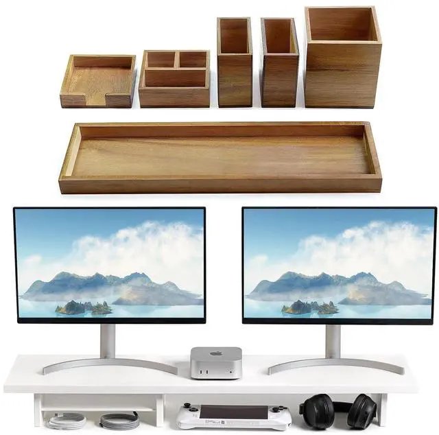 Main image of Wood Vanity Tray and Bamboo Dual Monitor Stand Riser White