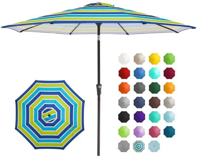 Main image of 9FT Outdoor Patio Umbrella Outdoor Table Umbrella with Push Button Tilt and Crank, Market Umbrella 8 Sturdy Ribs UV Protection Waterproof for Garden, Deck, Backyard, Pool (Blue-Green Stripe)