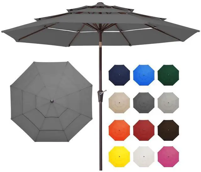 Main image of 9FT 3 Tier Patio Umbrella Outdoor Market Umbrella Table Umbrellas with 8 Ribs 1.5 Pole Push Button Tilt and Crank UV Protection for Garden,Backyard,Gray