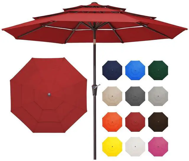 Main image of 9FT 3 Tier Patio Umbrella Outdoor Market Umbrella Table Umbrellas with 8 Ribs 1.5 Pole Push Button Tilt and Crank UV Protection for Garden,Red