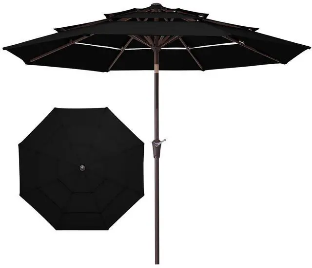Main image of 9FT 3 Tier Patio Umbrella Outdoor Market Umbrella Table Umbrellas with 8 Ribs 1.5 Pole Push Button Tilt and Crank UV Protection for Garden,Black