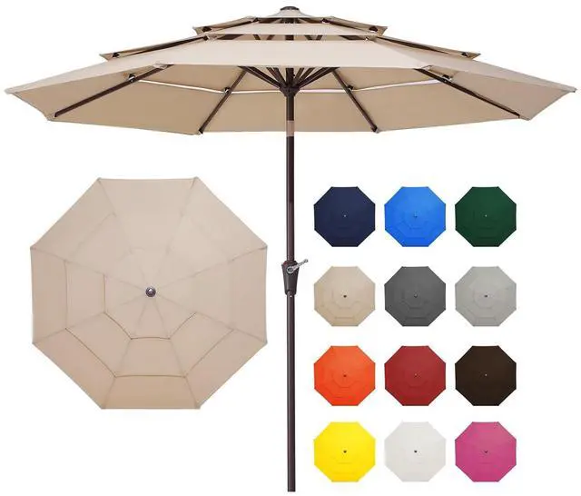 Main image of 9FT 3 Tier Patio Umbrella Outdoor Market Umbrella Table Umbrellas with 8 Ribs 1.5 Pole Push Button Tilt and Crank UV Protection for Garden,Beige