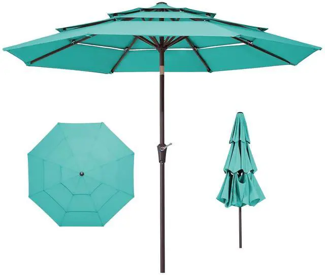 Main image of 9FT 3 Tier Patio Umbrella Outdoor Market Umbrella Table Umbrellas with 8 Ribs 1.5 Pole Push Button Tilt and Crank UV Protection for Garden,Peacock Blue