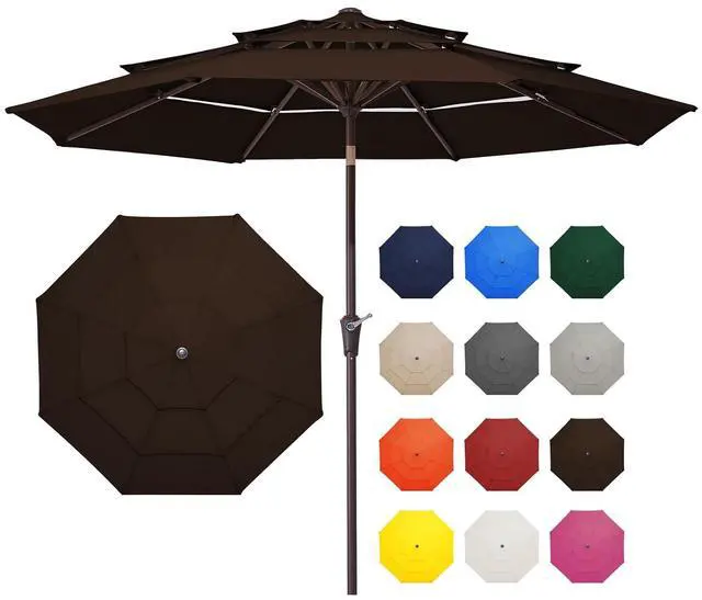 Main image of 9FT 3 Tier Patio Umbrella Outdoor Market Umbrella Table Umbrellas with 8 Ribs 1.5 Pole Push Button Tilt and Crank UV Protection for Garden,Brown