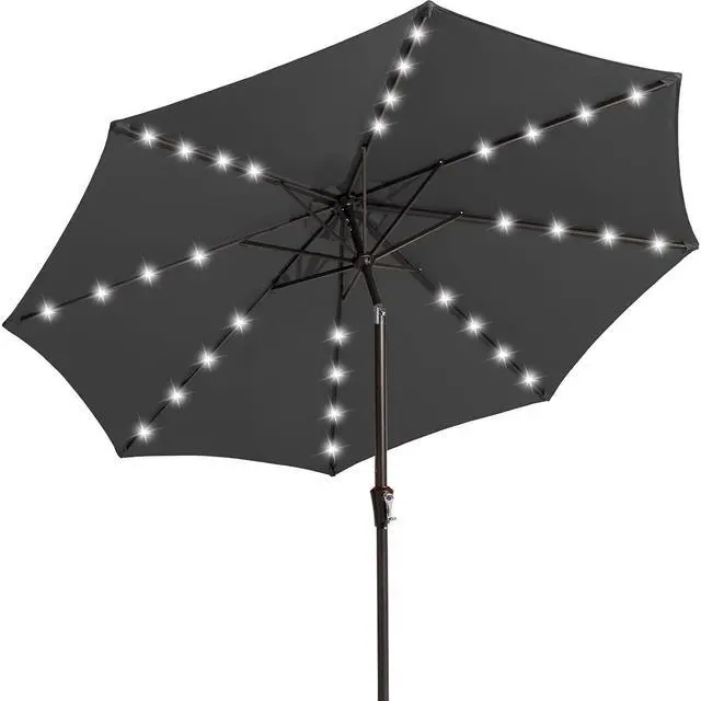 Main image of 9FT Outdoor Patio Umbrella with Solar Lights, LED Lighted Pool Umbrella with Tilt and Crank, Outdoor Table Umbrellas for Deck, Yard & Market (Dark Gray)