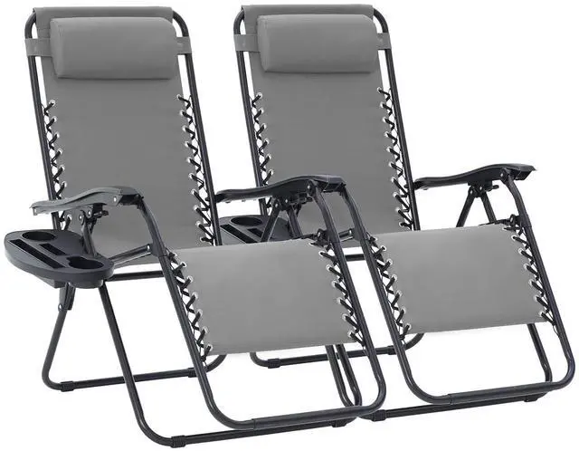 Main image of Zero Gravity Lounge Chairs Set of 2, Adjustable Steel Mesh Recliners with Pillows and Cup Holder Trays for Patio, Garden, Beach, Light Grey