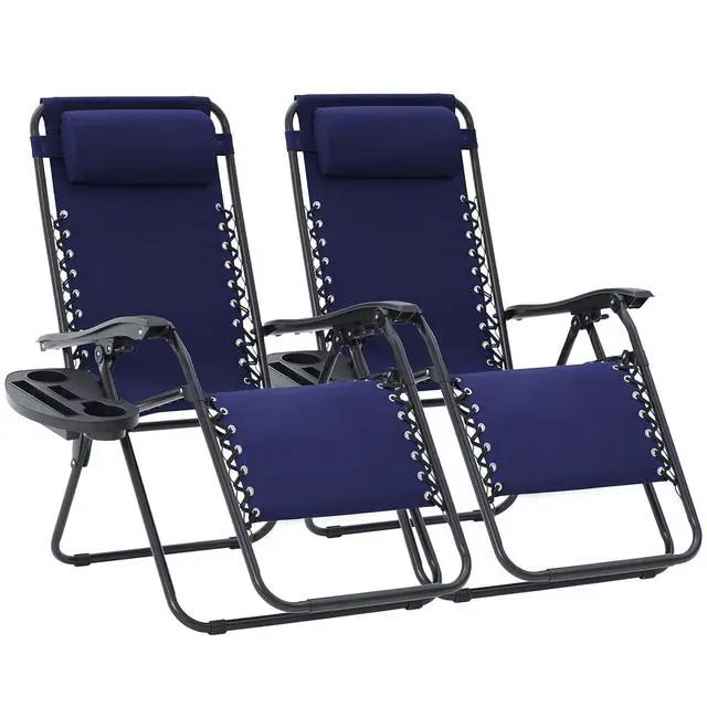 Main image of Zero Gravity Lounge Chairs Set of 2, Adjustable Steel Mesh Recliners with Pillows and Cup Holder Trays for Patio, Garden, Beach, Navy Blue