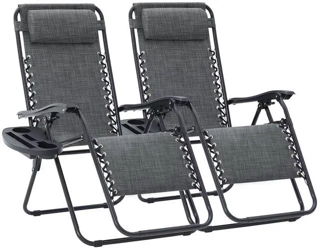 Main image of Zero Gravity Lounge Chairs Set of 2, Adjustable Steel Mesh Recliners with Pillows and Cup Holder Trays for Patio, Garden, Beach, Dark Grey