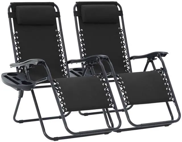 Main image of Zero Gravity Lounge Chairs Set of 2, Adjustable Steel Mesh Recliners with Pillows and Cup Holder Trays for Patio, Garden, Beach, Black