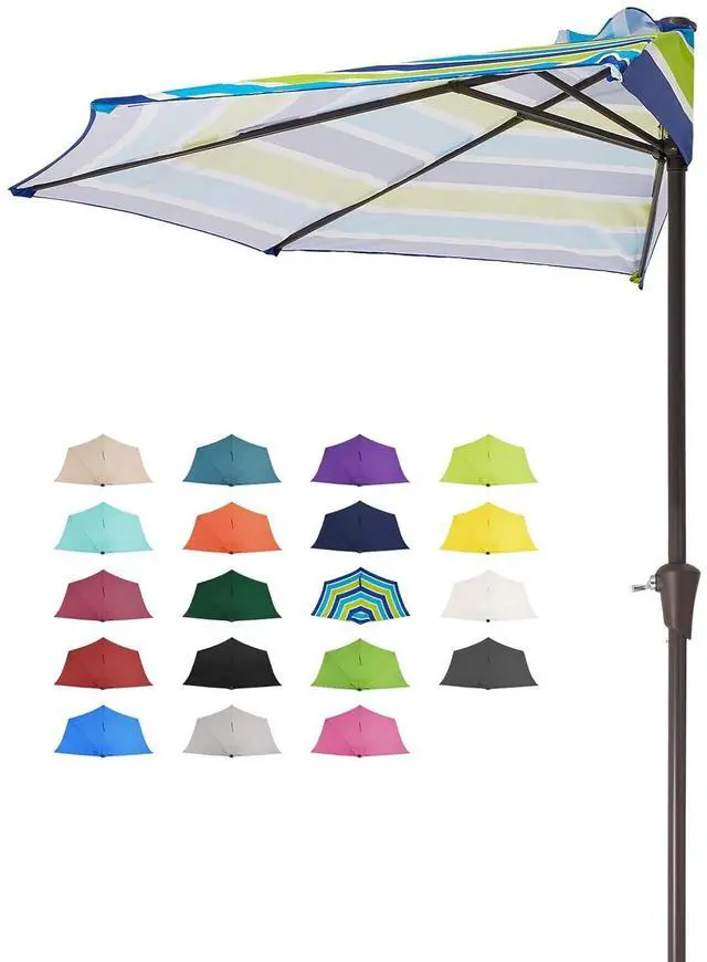 Main image of 9ft Half Umbrella Outdoor Patio Umbrella Market Umbrellas with Crank, 1/2 Round Wall Umbrella 5 Sturdy Ribs UV Protection for Pool Garden Balcony Deck, Blue & Green Strip