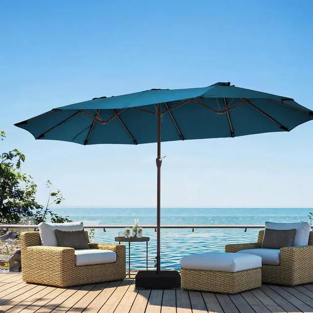 Main image of 15ft Large Patio Umbrella with Base, Outdoor Rectangle Umbrella Double-Sided Market Umbrella with Stand for Pool, Deck, Backyard and Garden, Lake Blue