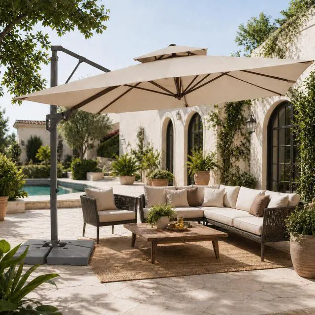 Main image of 9x9 ft 2-Tier Cantilever Patio Umbrella, Large Square Outdoor Offset Umbrella with Double Top Vent and 360-degree Rotation for Garden, Deck, Pool, Patio, Beige