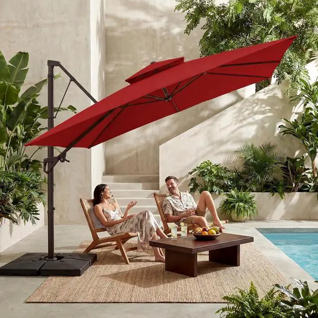 Main image of 11x11 ft 2-Tier Cantilever Patio Umbrella, Large Square Outdoor Offset Umbrella with Double Top Vent and 360-degree Rotation for Garden, Deck, Pool, Patio, Red