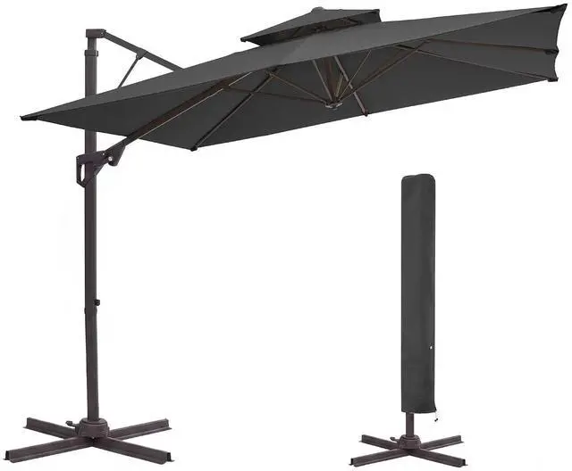 Main image of 11x11 ft 2-Tier Cantilever Patio Umbrella, Large Square Outdoor Offset Umbrella with Double Top Vent and 360-degree Rotation for Garden, Deck, Pool, Patio, Gray