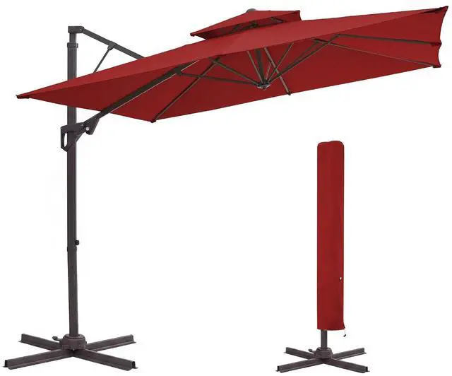 Main image of 12x12 ft 2-Tier Cantilever Patio Umbrella, Large Square Outdoor Offset Umbrella with Double Top Vent and 360-degree Rotation for Garden, Deck, Pool, Patio, Red