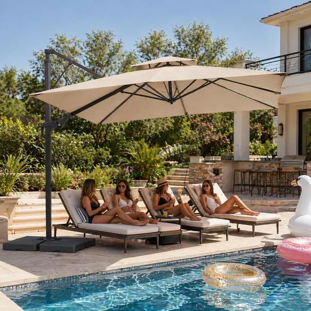 Main image of 10x10 ft 2-Tier Cantilever Patio Umbrella, Large Square Outdoor Offset Umbrella with Double Top Vent and 360-degree Rotation for Garden, Deck, Pool, Patio, Beige