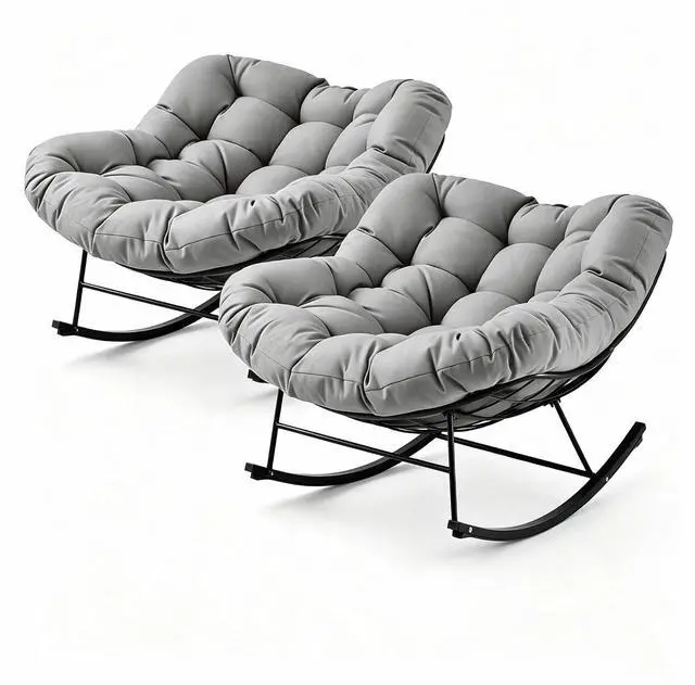 Main image of Papasan Rocking Chair Set of 2, Outdoor Indoor Oversized Comfy Patio Chairs, Rocking Egg Chair for Bedroom, Living Room, Garden, Porch, Lawn, Grey