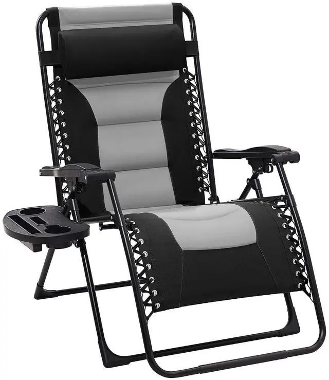 Main image of Oversized Padded Zero Gravity Chairs, Folding Lounge Chair Outdoor Patio Recliner, Anti Gravity Chair for Backyard with Headrest, Cup Holder, Side Tray, Polyester Mesh - Black/Gray