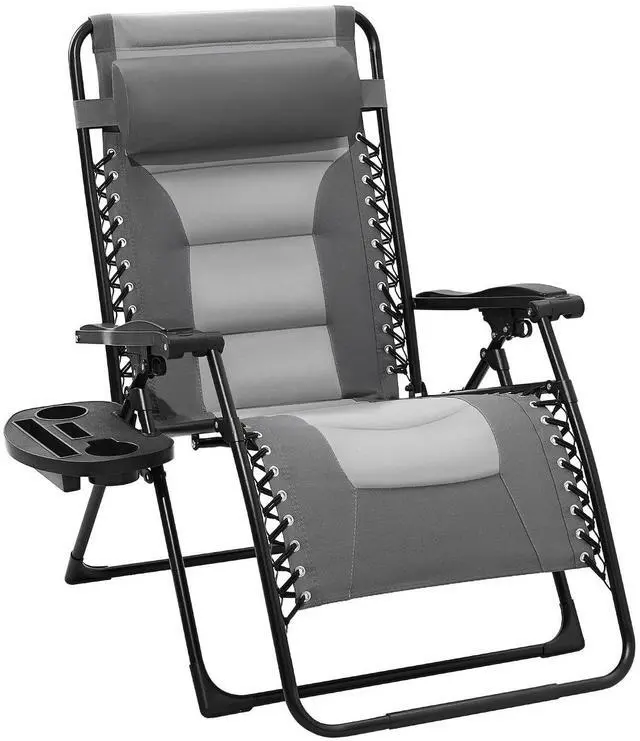 Main image of Oversized Padded Zero Gravity Chairs, Folding Lounge Chair Outdoor Patio Recliner, Anti Gravity Chair for Backyard with Headrest, Cup Holder, Side Tray, Polyester Mesh - Gray/Light Gray