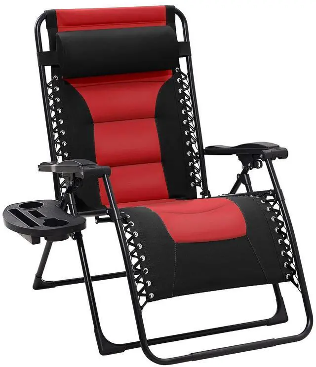 Main image of Oversized Padded Zero Gravity Chairs, Folding Lounge Chair Outdoor Patio Recliner, Anti Gravity Chair for Backyard with Headrest, Cup Holder, Side Tray, Polyester Mesh - Black/Red