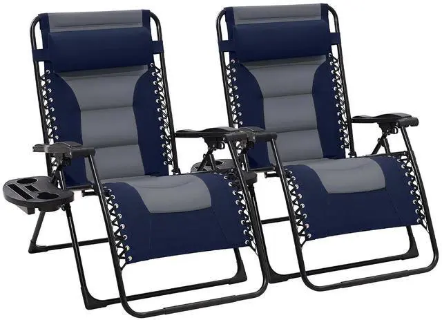 Main image of Oversized Padded Zero Gravity Chairs Set of 2, Folding Lounge Chair Outdoor Patio Recliner, Anti Gravity Chair for Backyard with Headrest, Cup Holder, Side Tray, Polyester Mesh - Navy/Gray