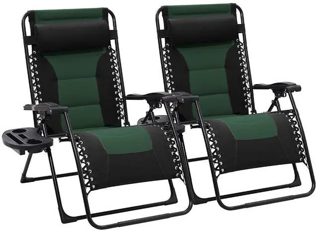 Main image of Oversized Padded Zero Gravity Chairs Set of 2, Folding Lounge Chair Outdoor Patio Recliner, Anti Gravity Chair for Backyard with Headrest, Cup Holder, Side Tray, Polyester Mesh - Black/Green