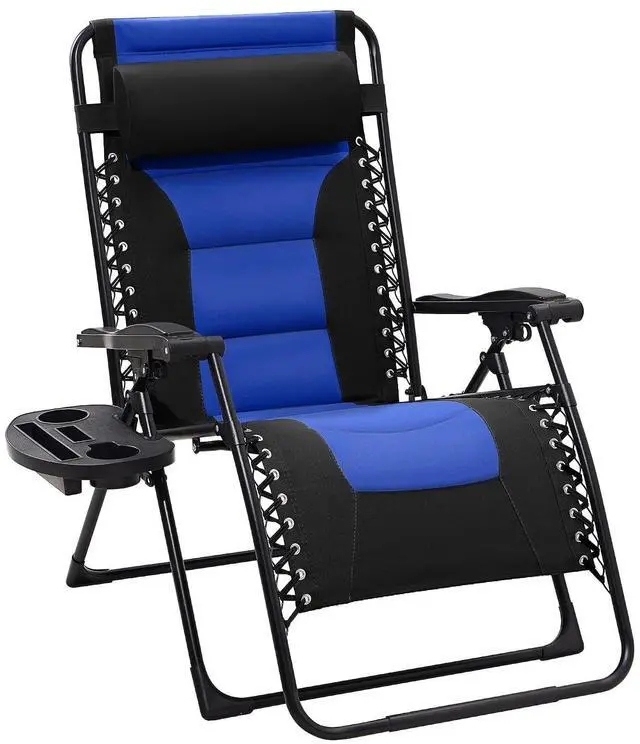 Main image of Oversized Padded Zero Gravity Chairs, Folding Lounge Chair Outdoor Patio Recliner, Anti Gravity Chair for Backyard with Headrest, Cup Holder, Side Tray, Polyester Mesh - Black/Blue