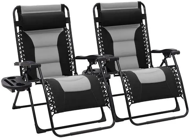 Main image of Oversized Padded Zero Gravity Chairs Set of 2, Folding Lounge Chair Outdoor Patio Recliner, Anti Gravity Chair for Backyard with Headrest, Cup Holder, Side Tray, Polyester Mesh - Black/Gray