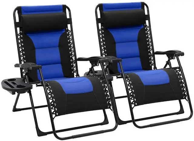 Main image of Oversized Padded Zero Gravity Chairs Set of 2, Folding Lounge Chair Outdoor Patio Recliner, Anti Gravity Chair for Backyard with Headrest, Cup Holder, Side Tray, Polyester Mesh - Black/Blue
